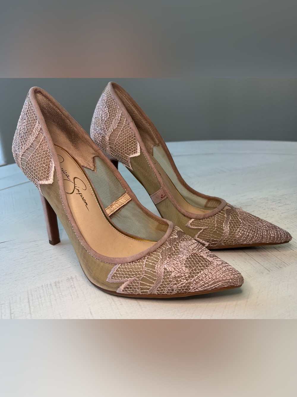 Jessica Simpson Blush Lace Pointed-Toe Mesh Pumps